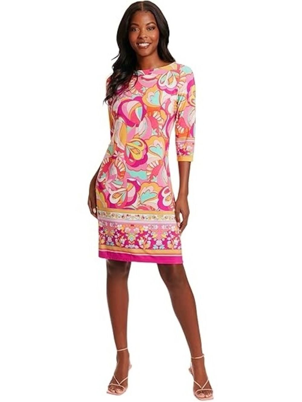 London Times Women’s Small Retro Psychedelic Shift Dress Pink Red Cream Multi